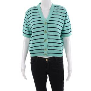 San Remo Women's V-Neck Short Sleeves Button Up Cardigan Striped Size M